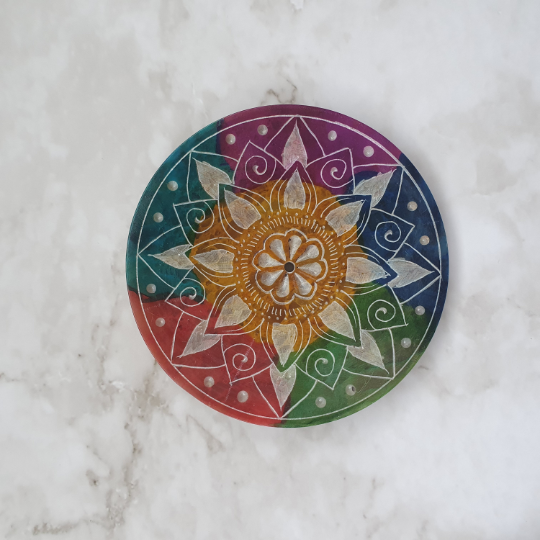 Hand Carved Chakra Star Rainbow Incense Plate Authenticrystals